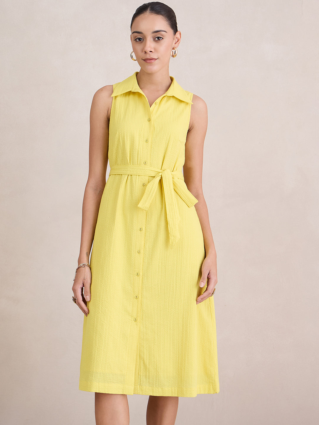 Yellow Seersucker Sleeveless Midi Dress