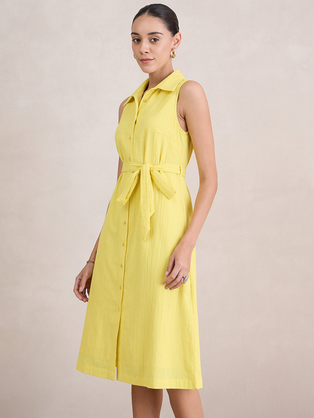 Yellow Seersucker Sleeveless Midi Dress