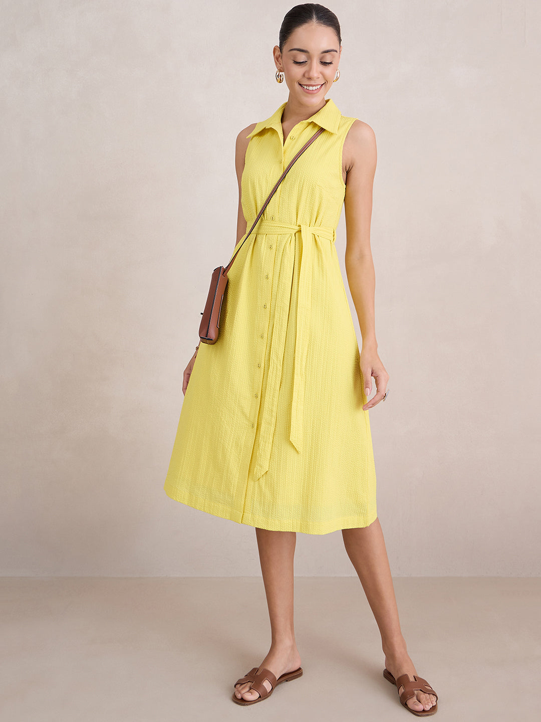 Yellow Seersucker Sleeveless Midi Dress