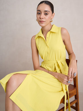 Yellow Seersucker Sleeveless Midi Dress