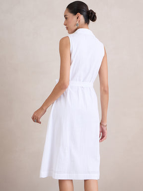 White Seersucker Sleeveless Midi Dress