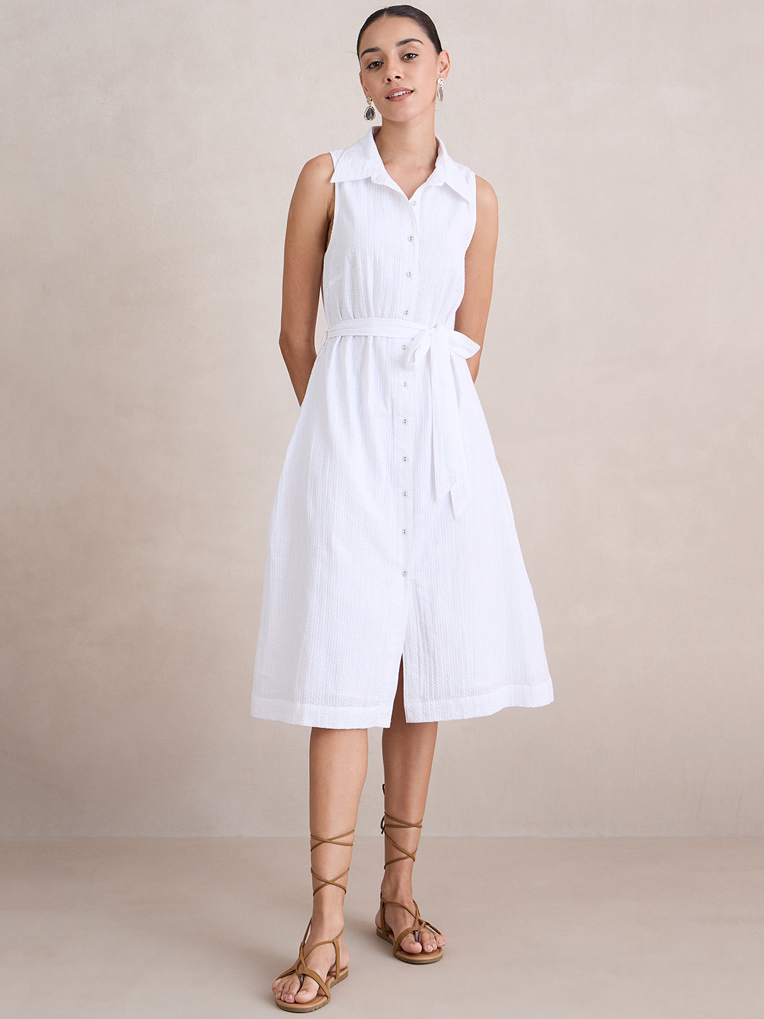White Seersucker Sleeveless Midi Dress