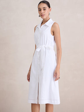 White Seersucker Sleeveless Midi Dress