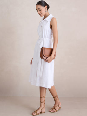 White Seersucker Sleeveless Midi Dress