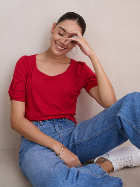 Bamboo Red Knit Knotted Sleeves Top