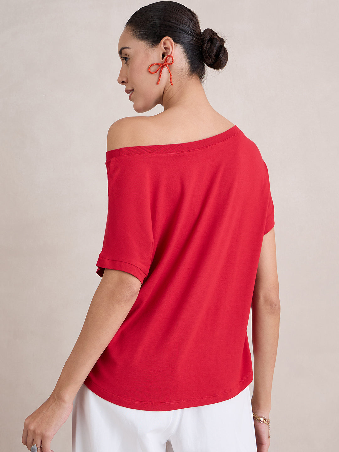 Red Knit Off Shoulder Top