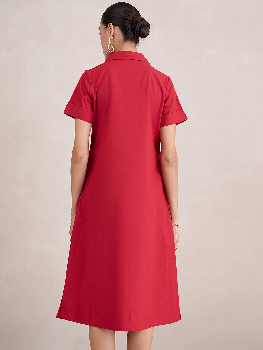 Red Poplin Button Down Midi Dress