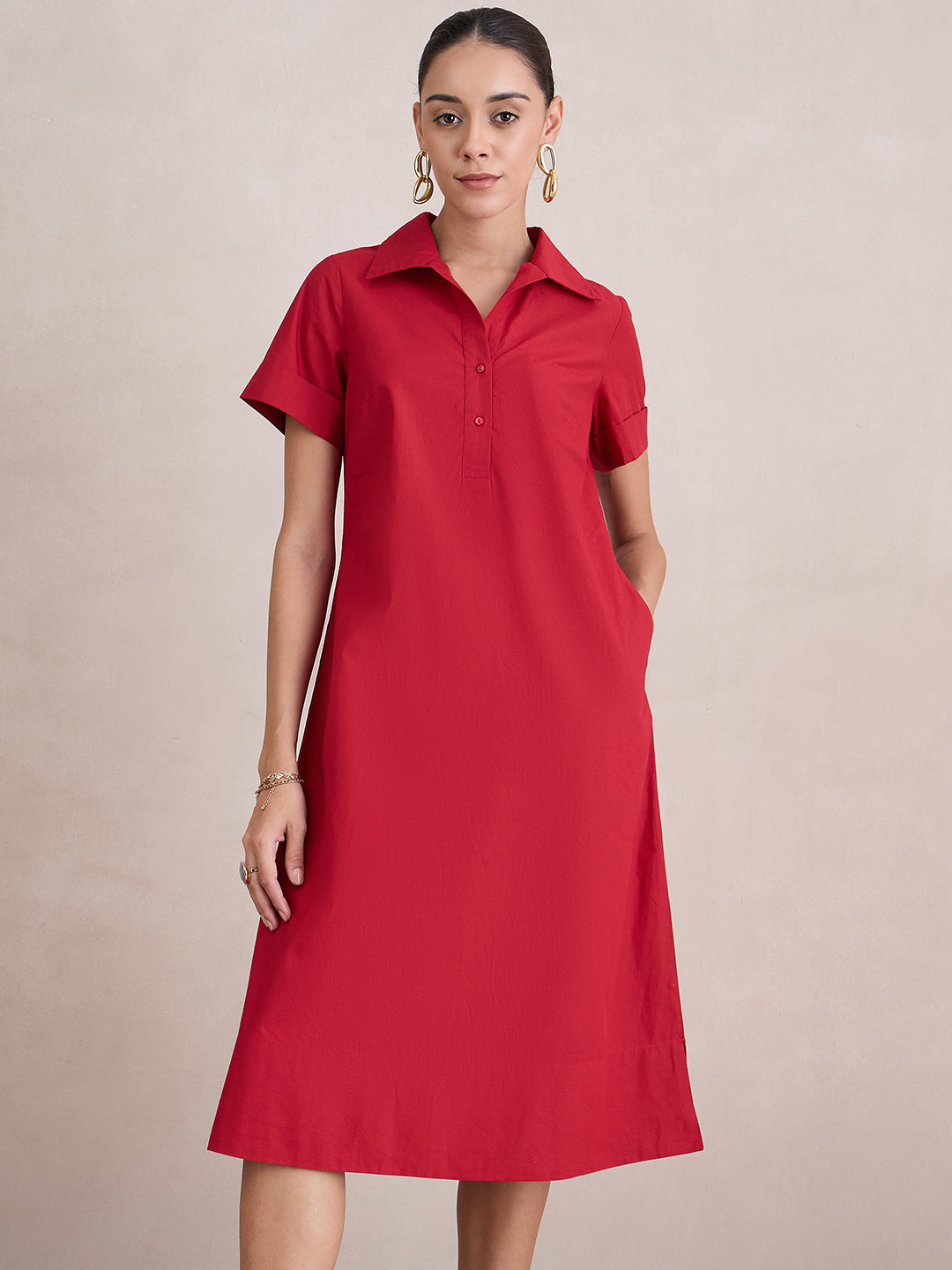 Red Poplin Button Down Midi Dress
