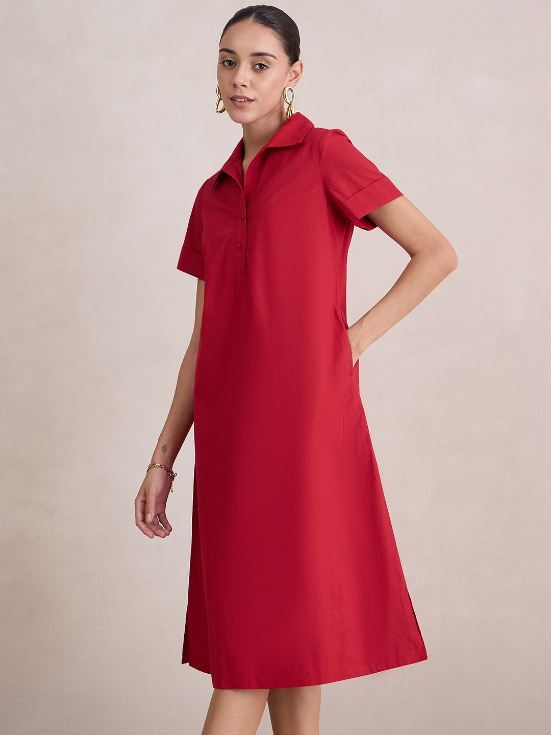 Red Poplin Button Down Midi Dress