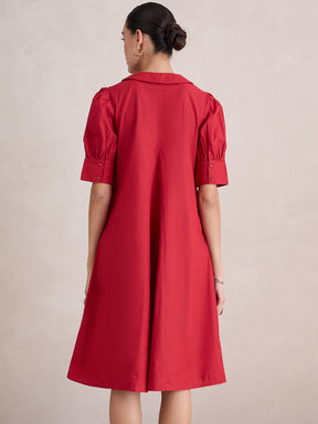 Red Cotton Poplin V-Neck Midi Dress