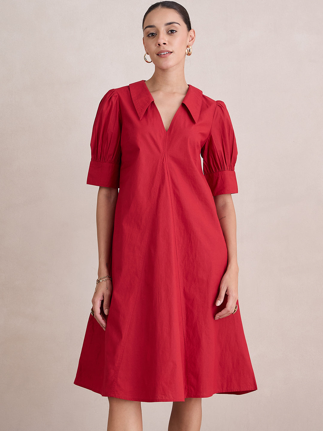 Red Cotton Poplin V-Neck Midi Dress