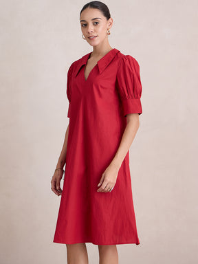 Red Cotton Poplin V-Neck Midi Dress