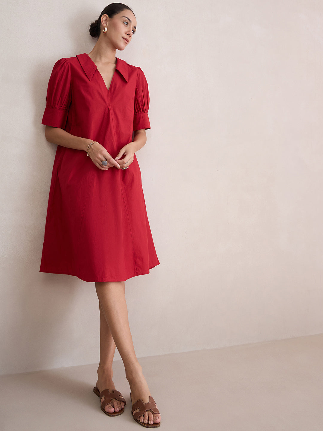 Red Cotton Poplin V-Neck Midi Dress