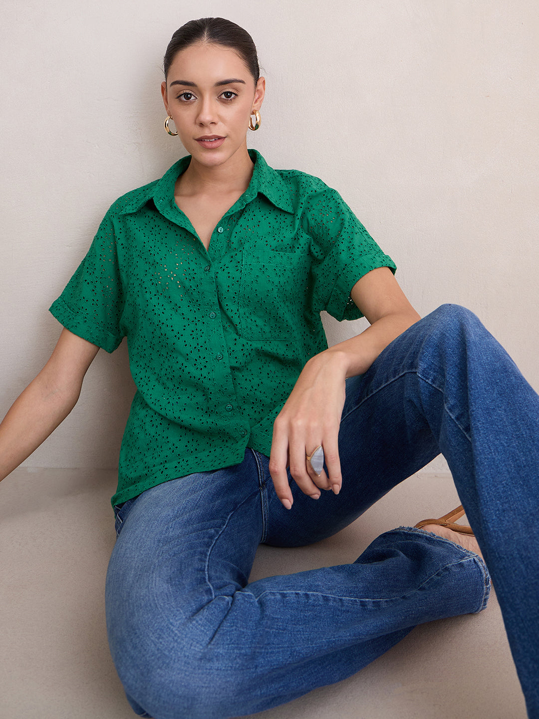 Green Cotton Schiffli Shirt