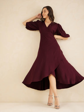 Wine Wrap Ruffle Maxi Dress