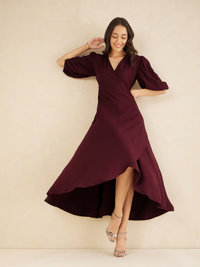 Wine Wrap Ruffle Maxi Dress