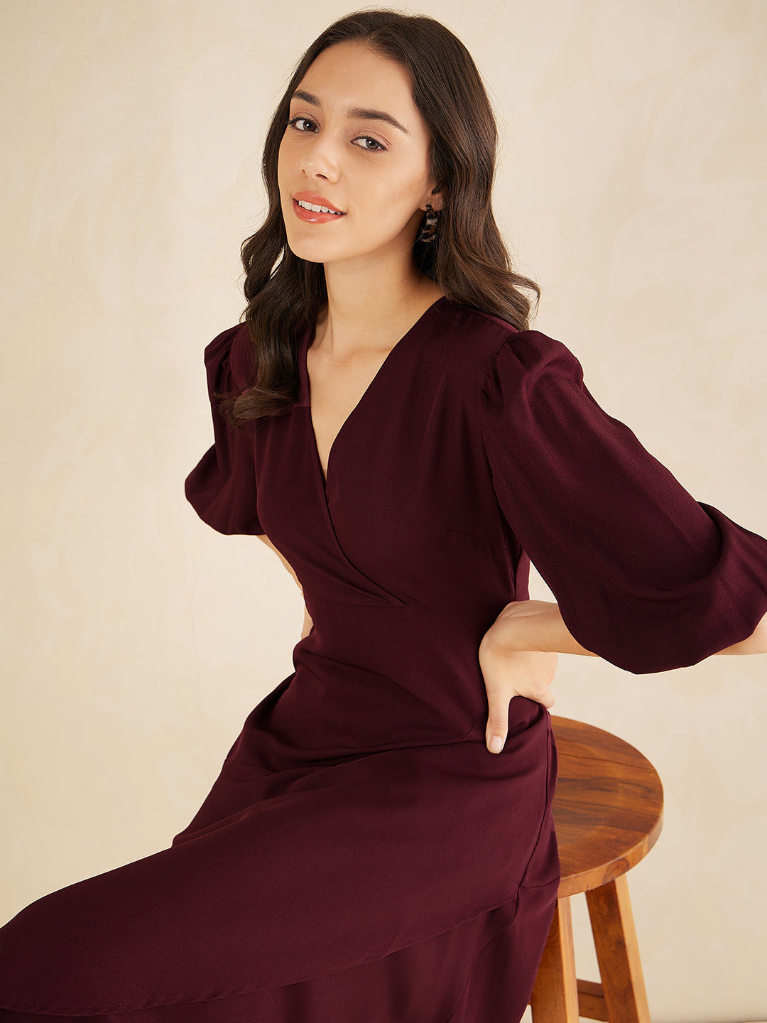 Wine Wrap Ruffle Maxi Dress