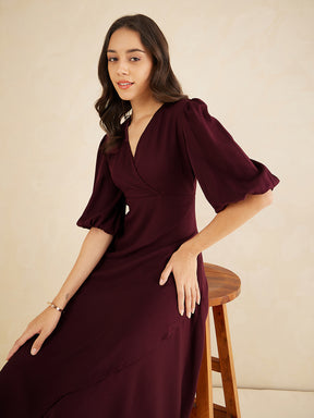 Wine Wrap Ruffle Maxi Dress