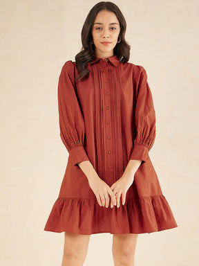 Rust Cotton Poplin Ladder Lace Detail Knee Length Dress