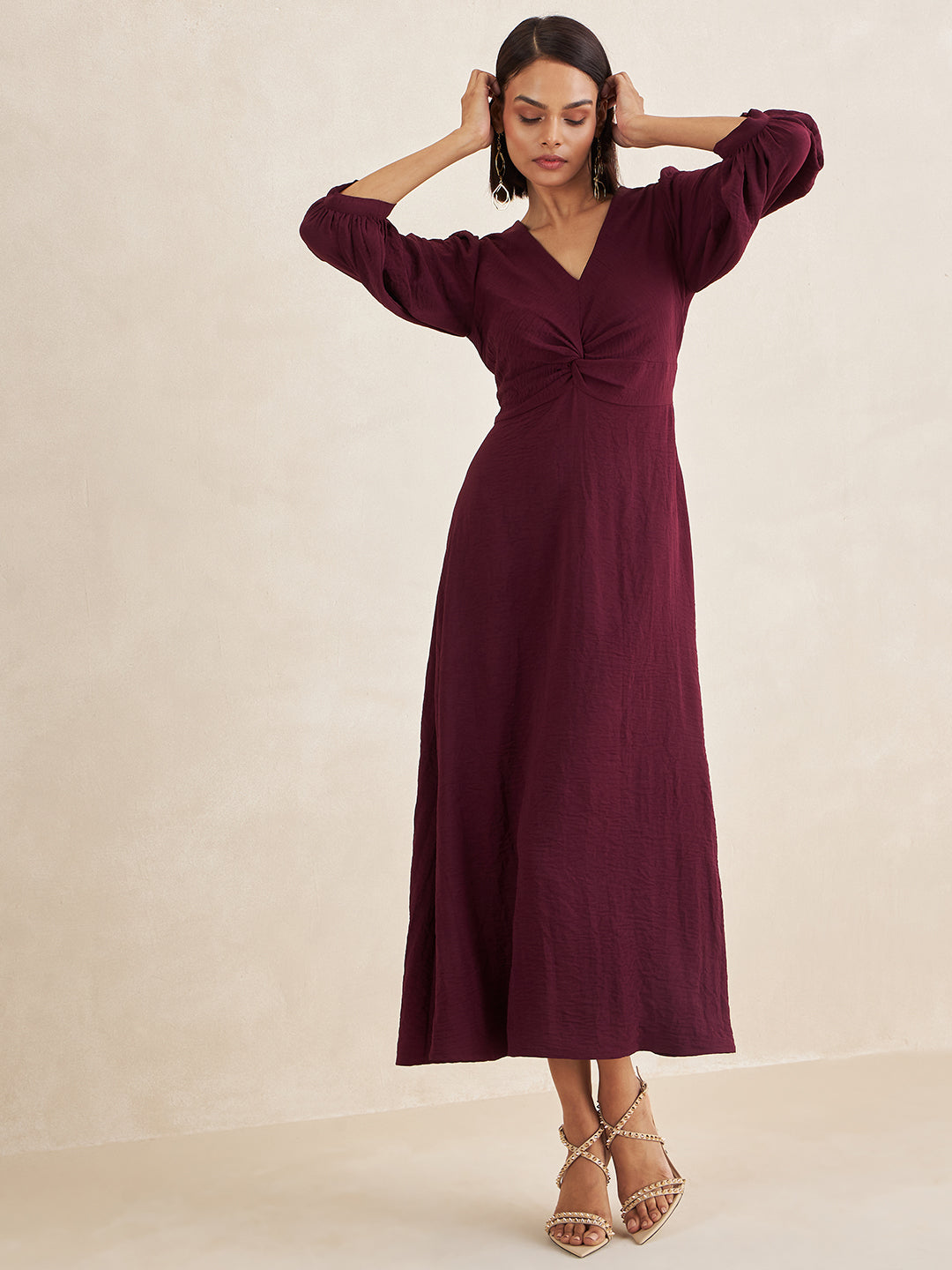 Wine Dress Front Twisted Maxi