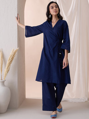 Navy Angrakha Cotton Dobby Kurta With Straight Pant