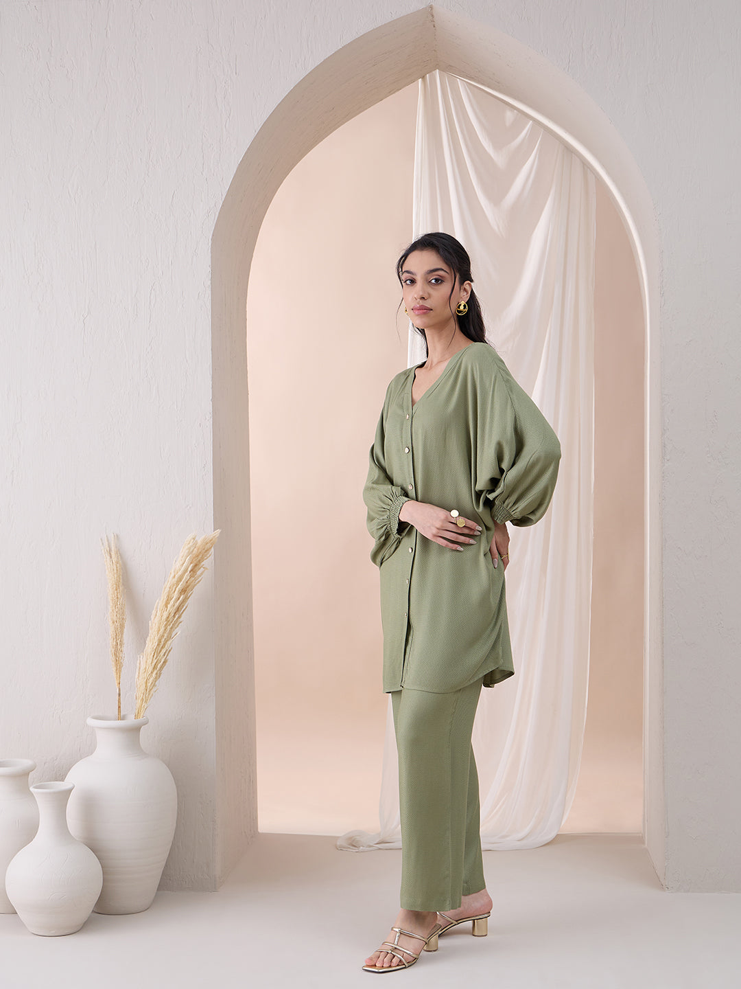 Pista Green Button Down Tunic With Straight Pant