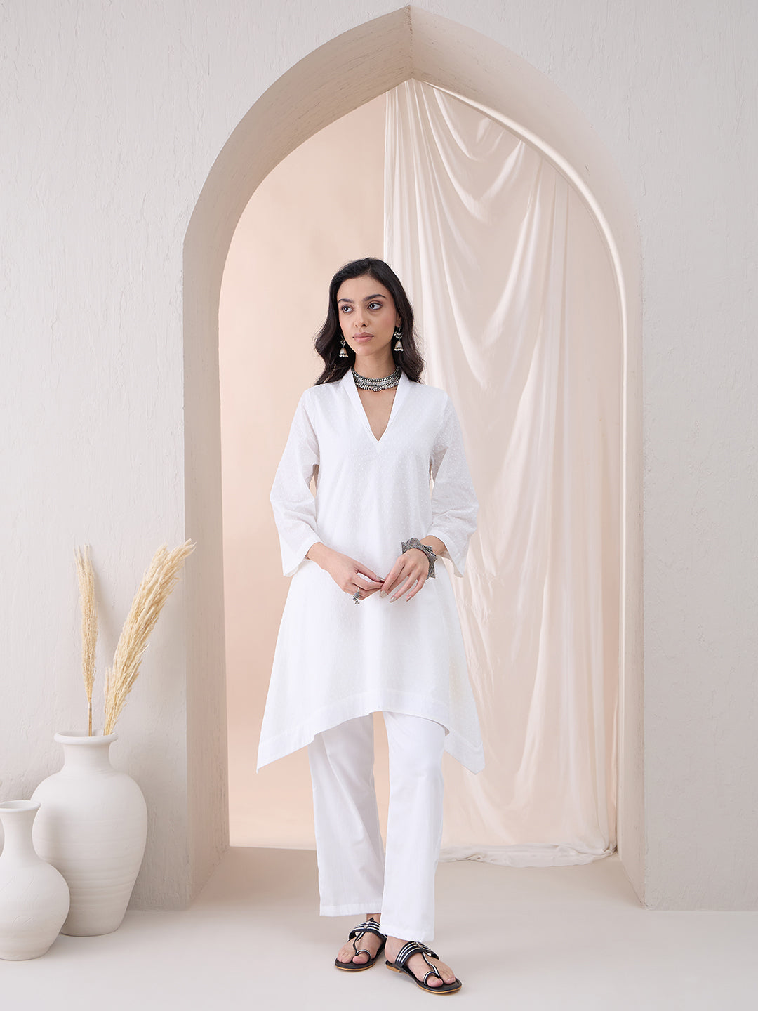 White Dobby High Low Tunic With Straight Pant