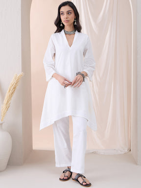 White Dobby High Low Tunic With Straight Pant