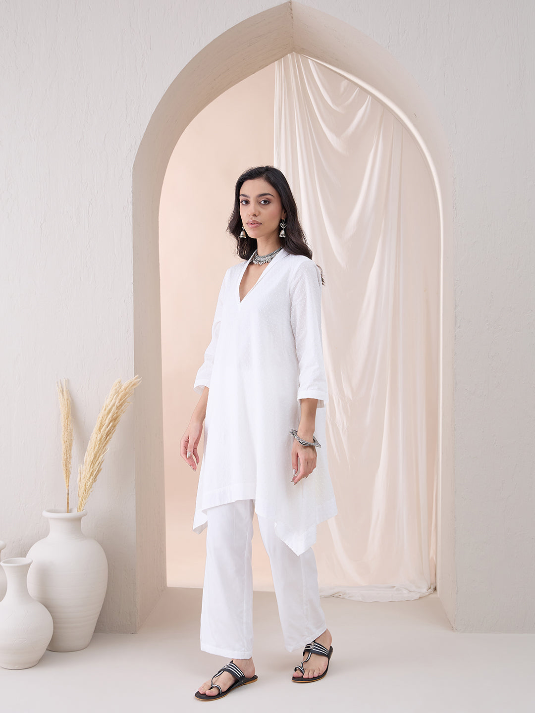 White Dobby High Low Tunic With Straight Pant