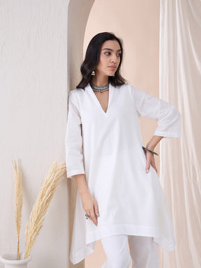 White Dobby High Low Tunic With Straight Pant