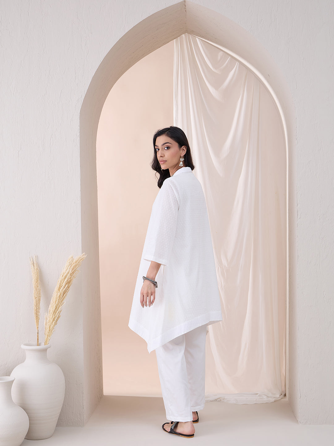 White Dobby High Low Tunic With Straight Pant