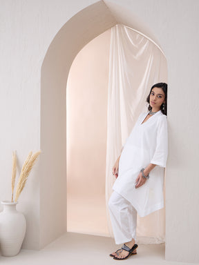 White Dobby High Low Tunic With Straight Pant