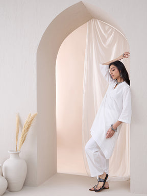 White Dobby High Low Tunic With Straight Pant