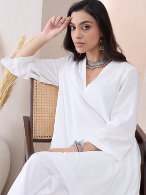 White Dobby High Low Tunic With Straight Pant