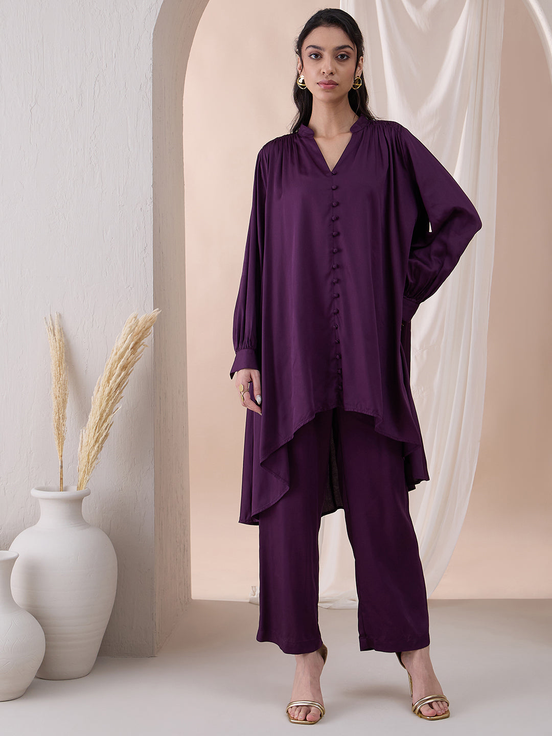 Wine High Low Tunic With Straight Pant