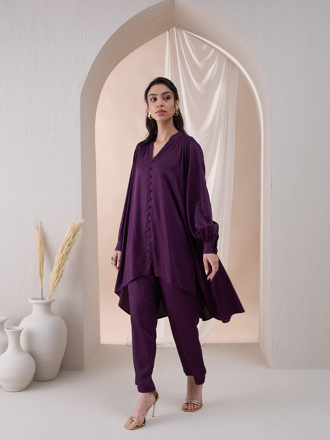 Wine High Low Tunic With Straight Pant