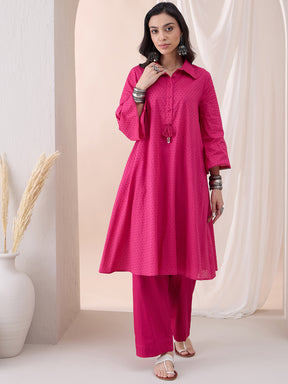 Pink Cotton Dobby Tassel Detail Tunic With Straight Pant