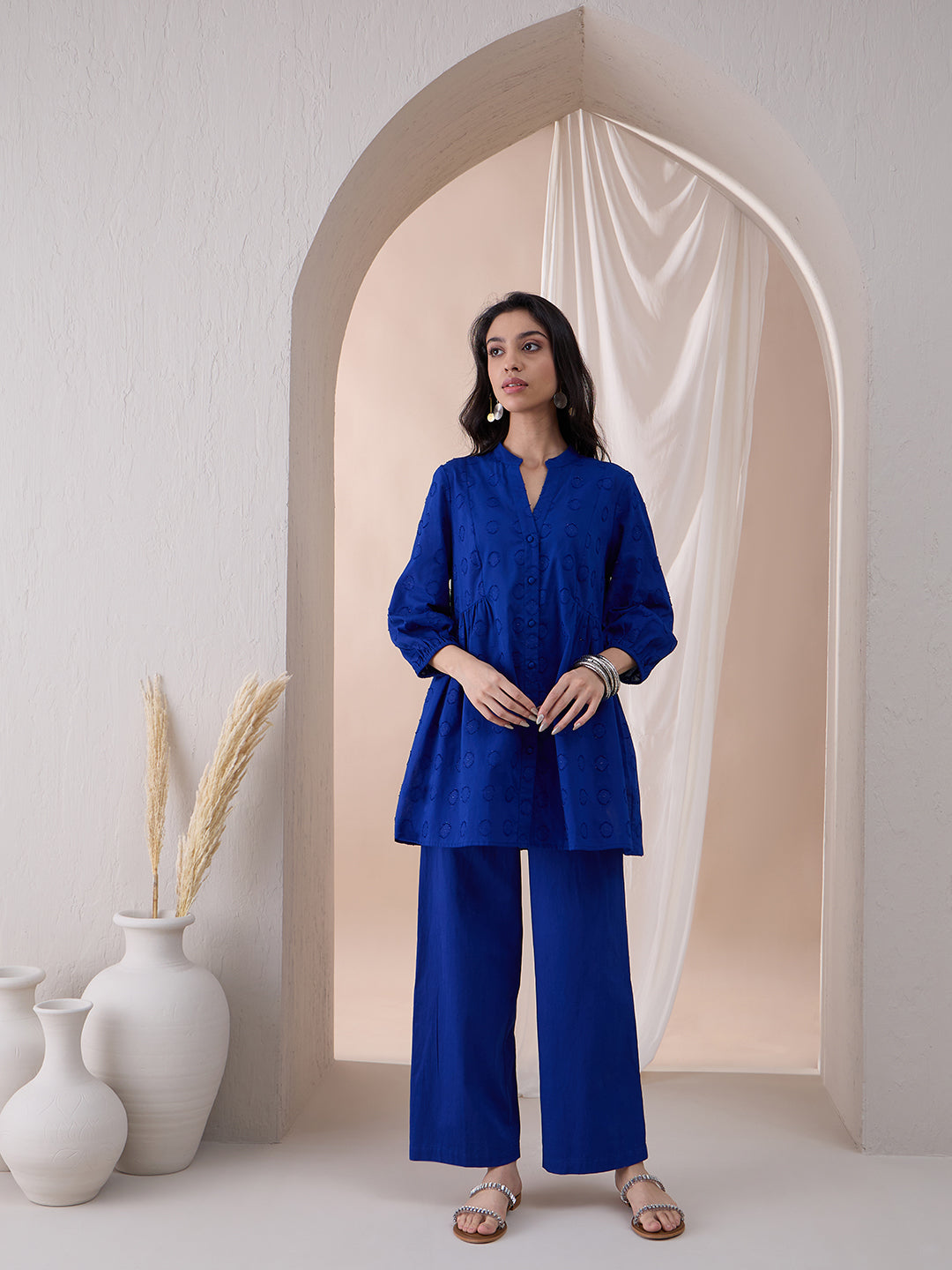 Bright Blue Button Down Cotton Lurex Tunic With Straight Pant