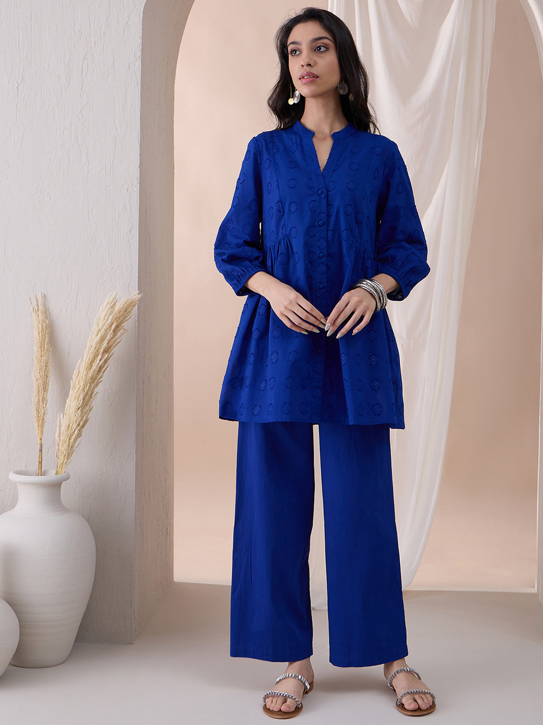 Bright Blue Button Down Cotton Lurex Tunic With Straight Pant