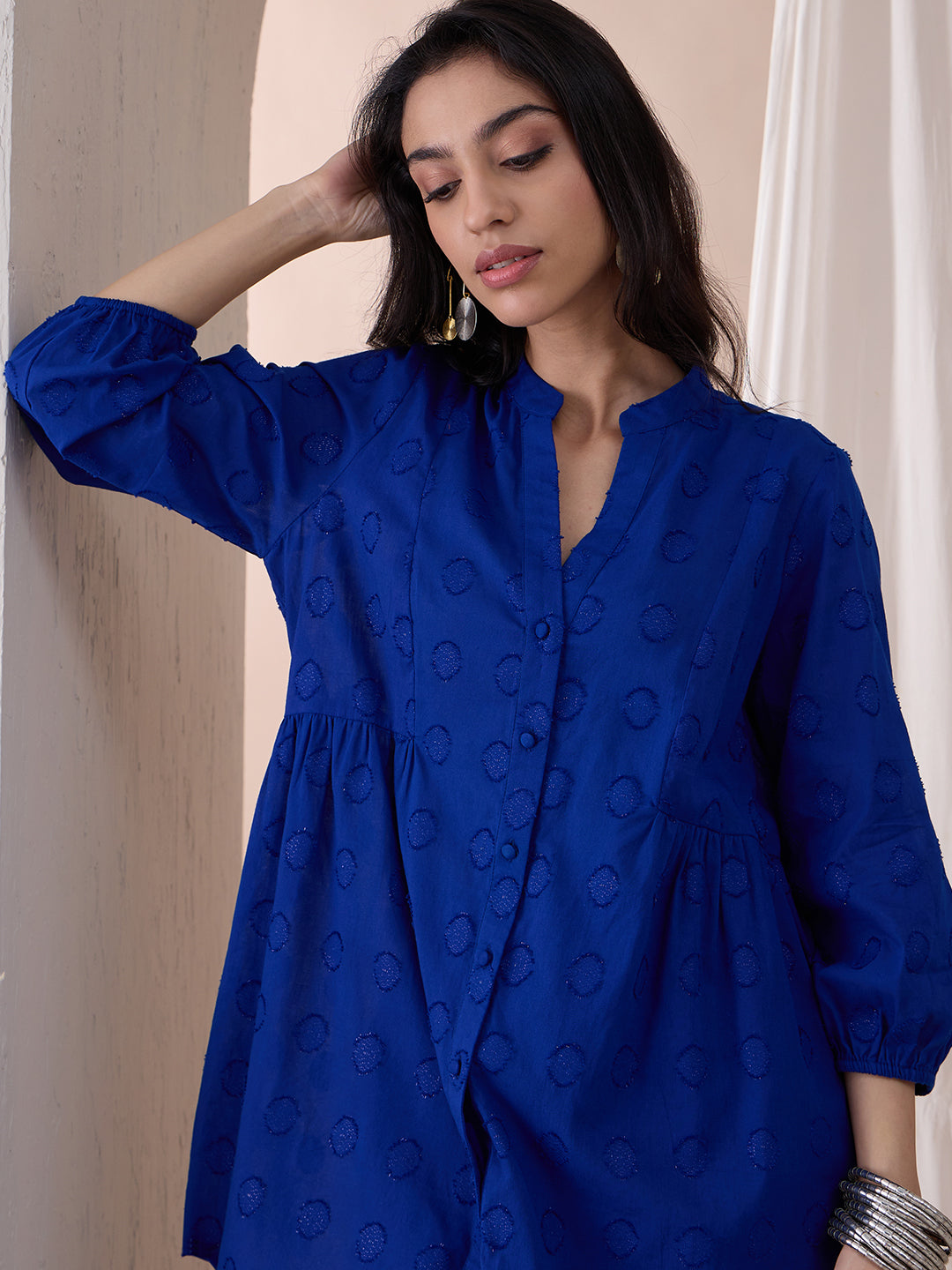 Bright Blue Button Down Cotton Lurex Tunic With Straight Pant