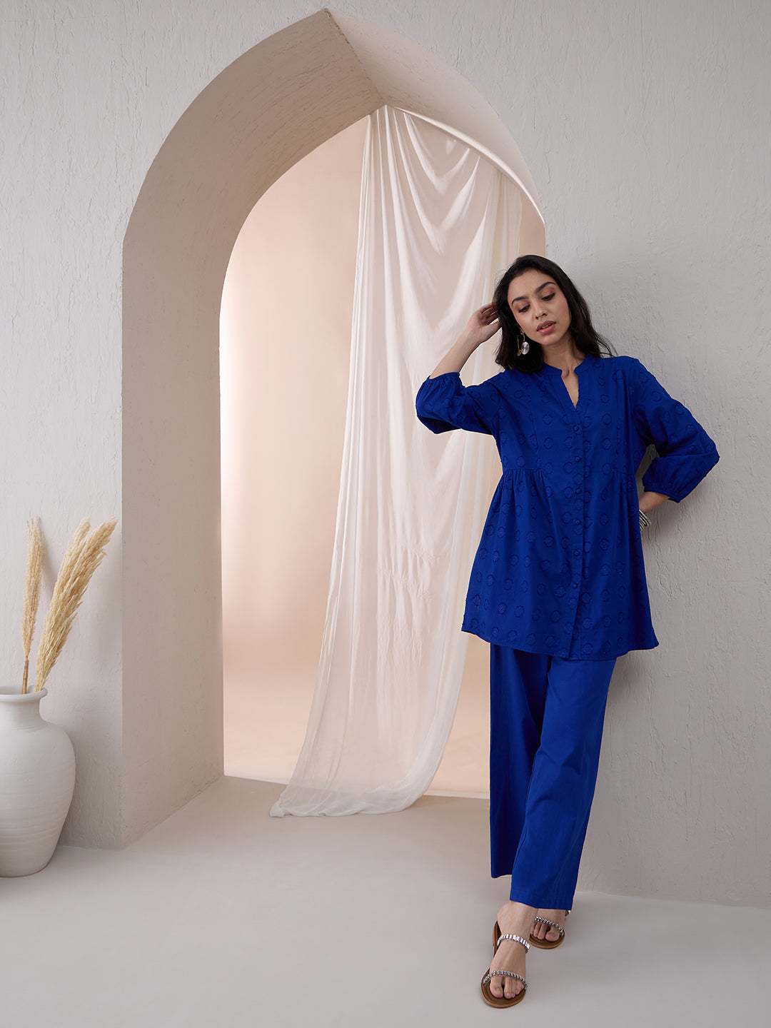 Bright Blue Button Down Cotton Lurex Tunic With Straight Pant