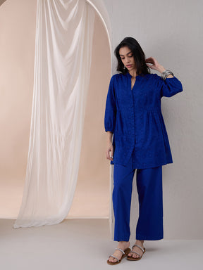 Bright Blue Button Down Cotton Lurex Tunic With Straight Pant