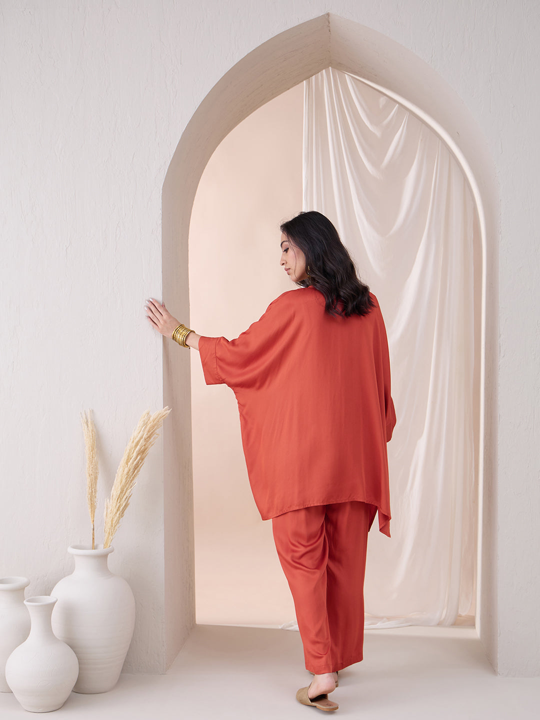 Orange Oversize High Low Tunic With Straight Pant