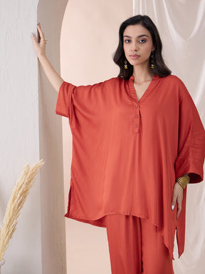 Orange Oversize High Low Tunic With Straight Pant