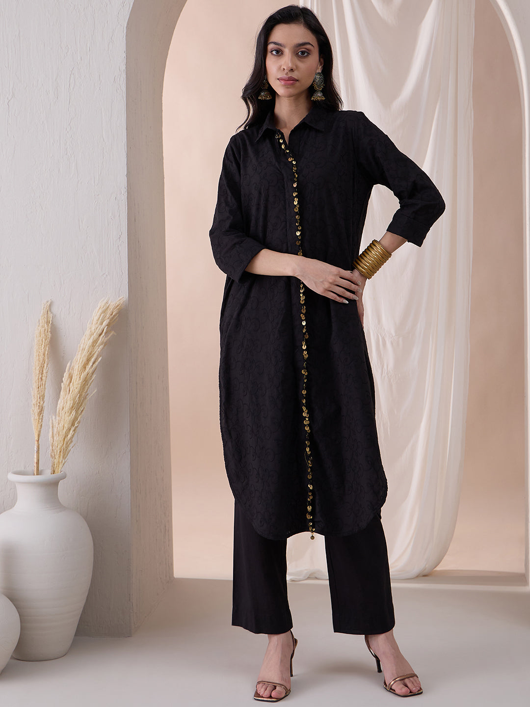 Black Coin Detail Cotton Embroidered Tunic With Straight Pant