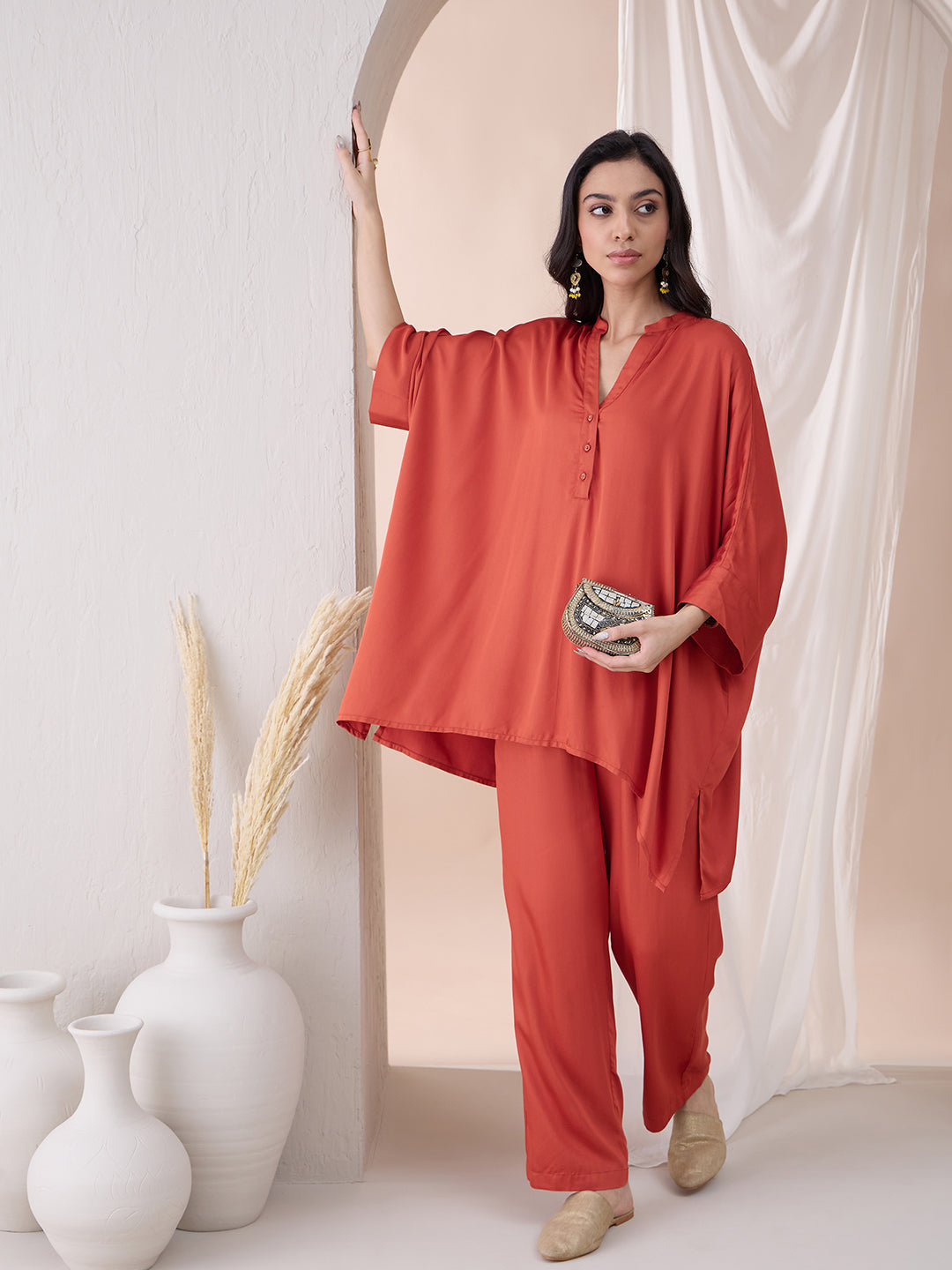 Orange Oversize High Low Tunic With Straight Pant