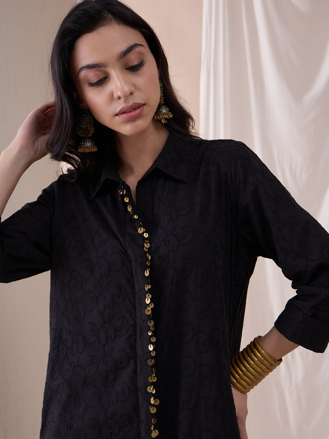 Black Coin Detail Cotton Embroidered Tunic With Straight Pant