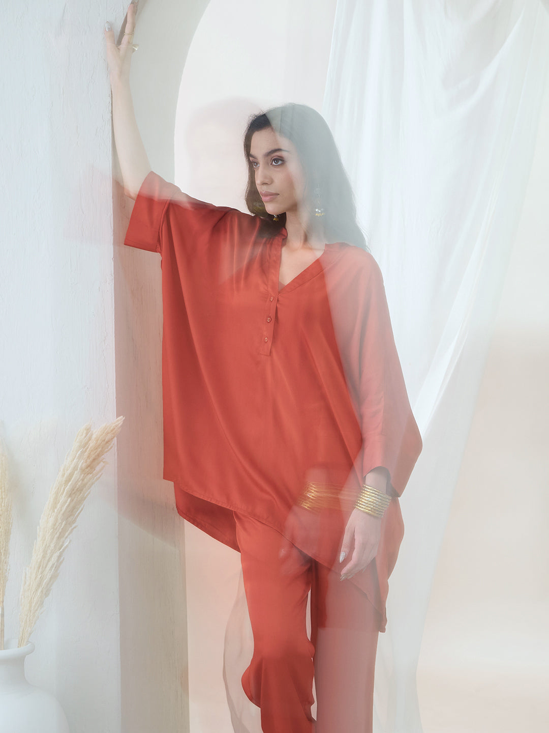 Orange Oversize High Low Tunic With Straight Pant