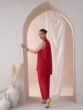 Red Sleeveless Scallop Detail Tunic With Straight Pant