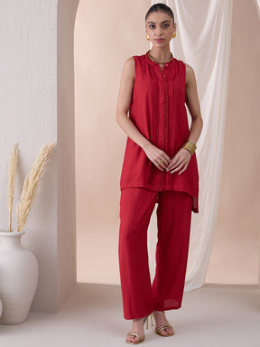 Red Sleeveless Scallop Detail Tunic With Straight Pant